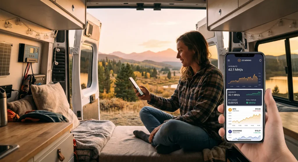 Woman in a van in the mountains, checking bitcoin mining on her smartphone.