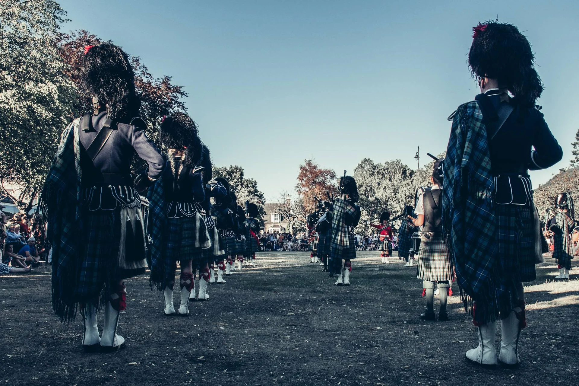 Pipe band in kilts at the Highland Games