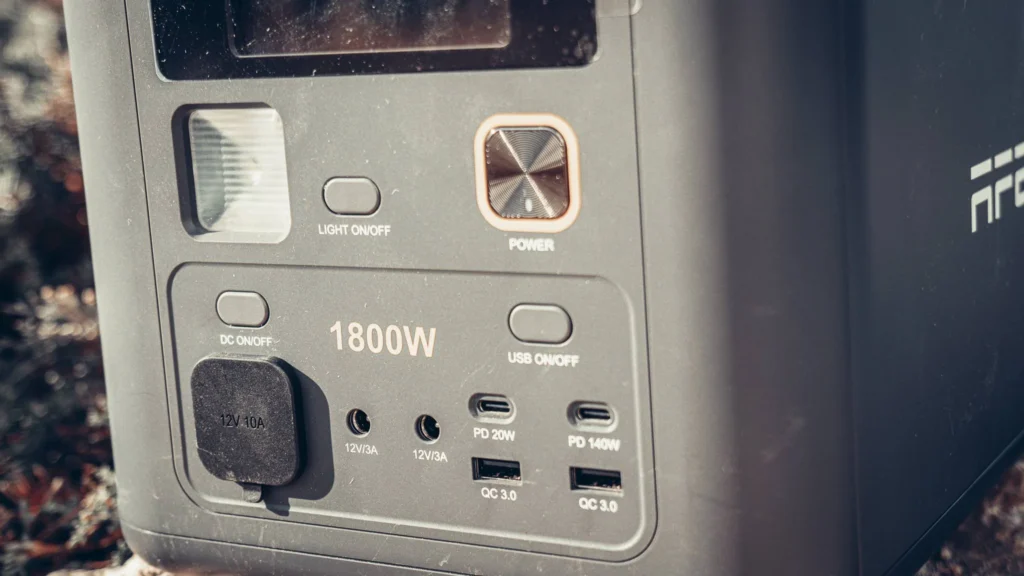 Front control panel of the Aferiy Nomad 1800 with its USB-A, USB-C ports and sockets