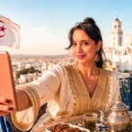 Caroline taking a selfie on a terrace in Algiers, with a view of the Casbah and the Algerian flag in the background.