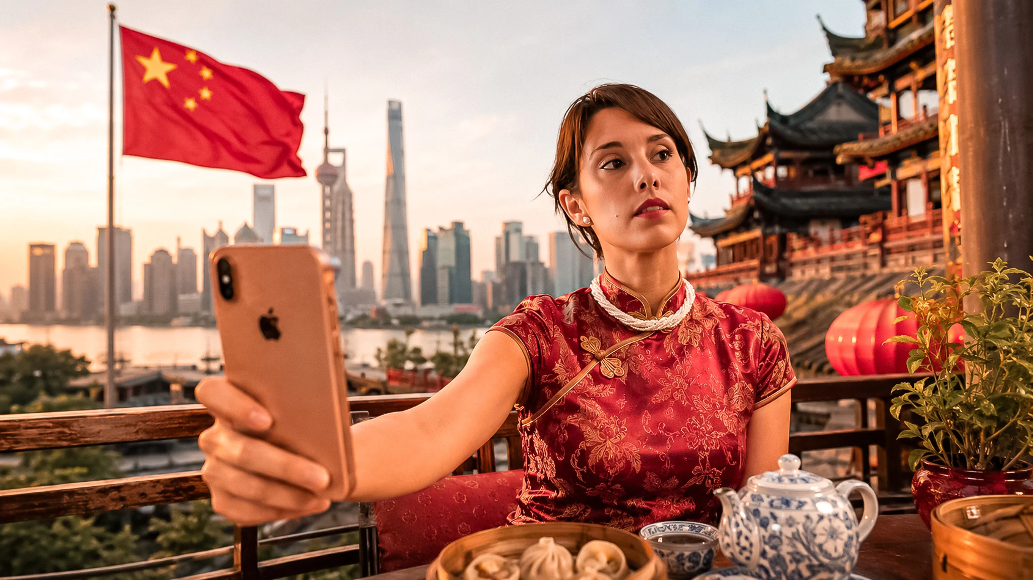 Caroline with a smartphone in front of an iconic monument in China