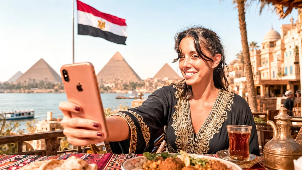 Caroline taking a selfie in front of the Giza pyramids, Egypt, with an Egyptian flag in the background.