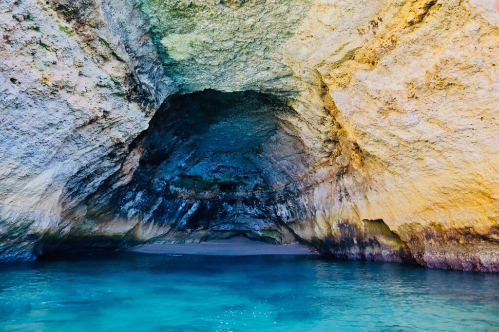 Inside a turquoise Algarve sea cave near Benagil