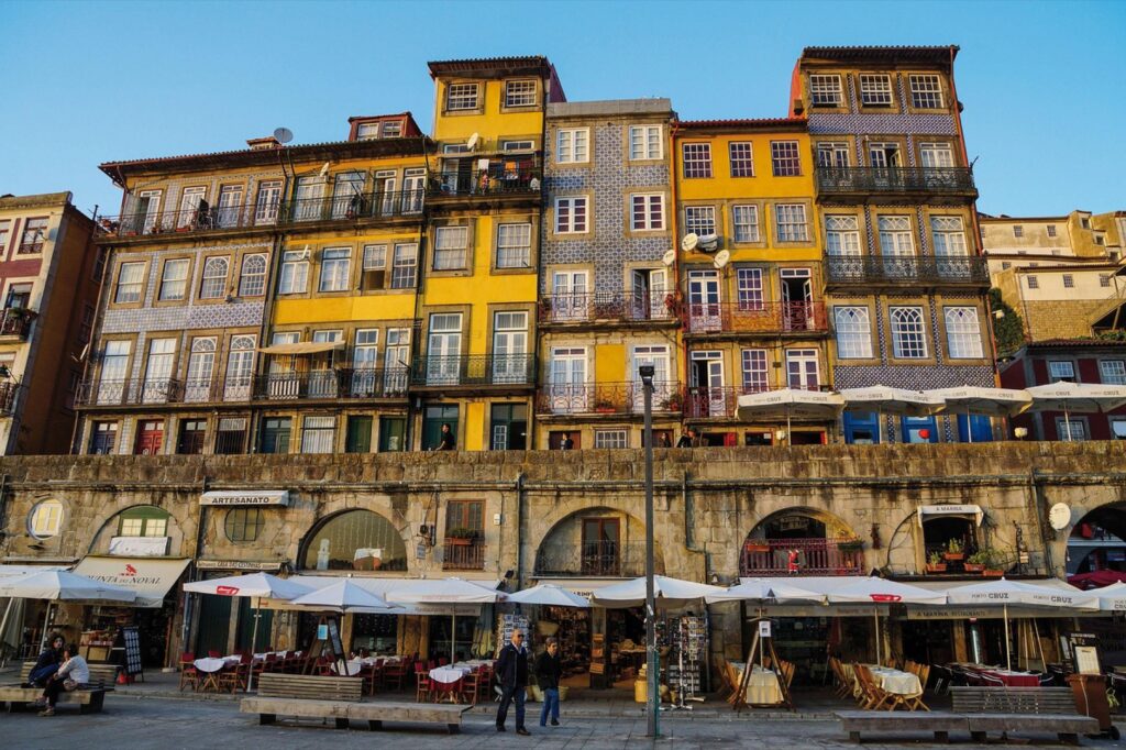 The colourful facades of the Ribeira district in Porto along the Douro