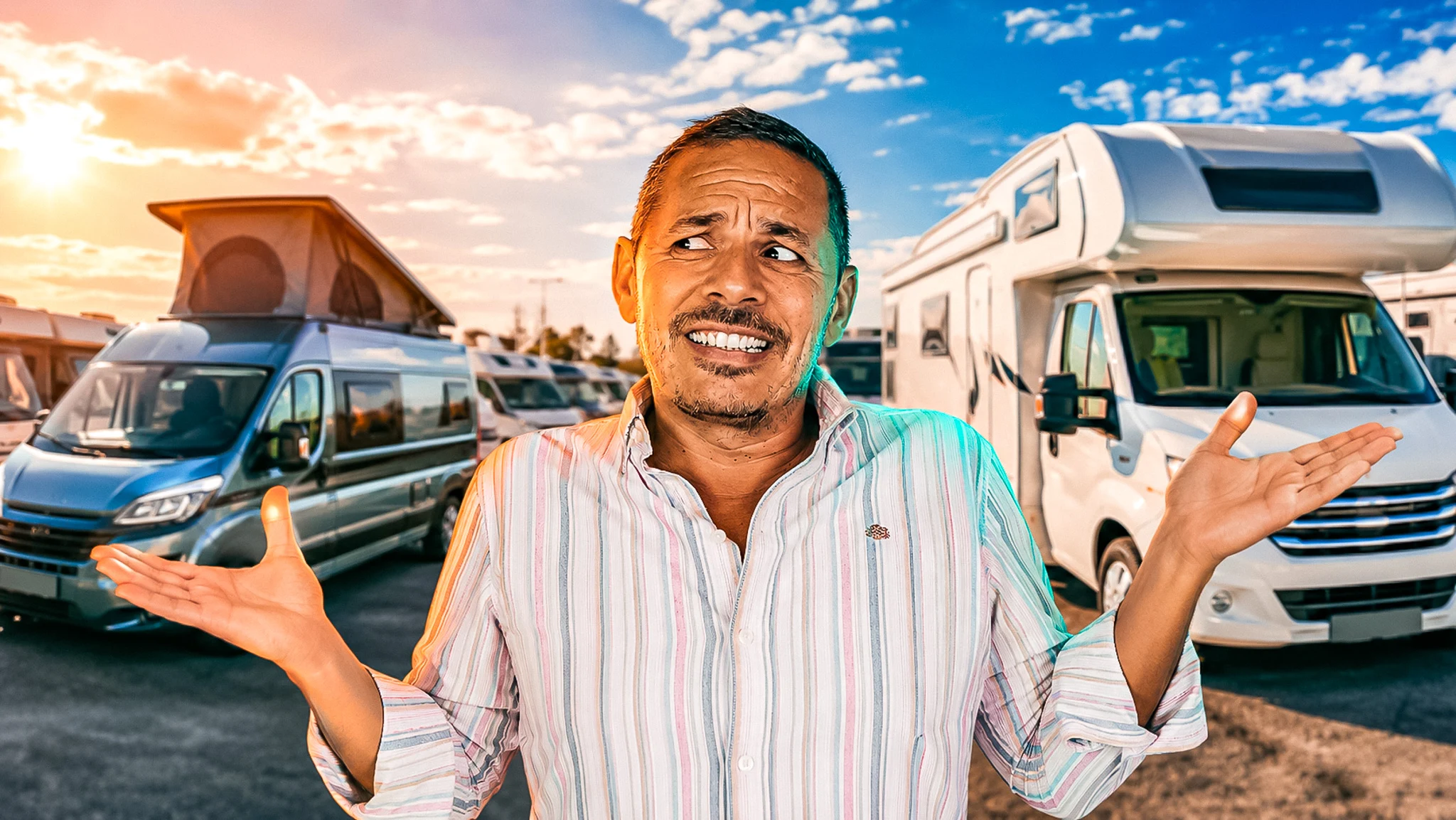 Xavier in front of a large motorhome and a small van: which vehicle to choose for vanlife