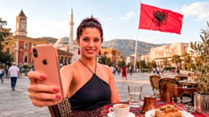 Caroline macht ein Selfie mit dem Smartphone auf einer Terrasse in Tirana, Albanien, mit der albanischen Flagge im Hintergrund.