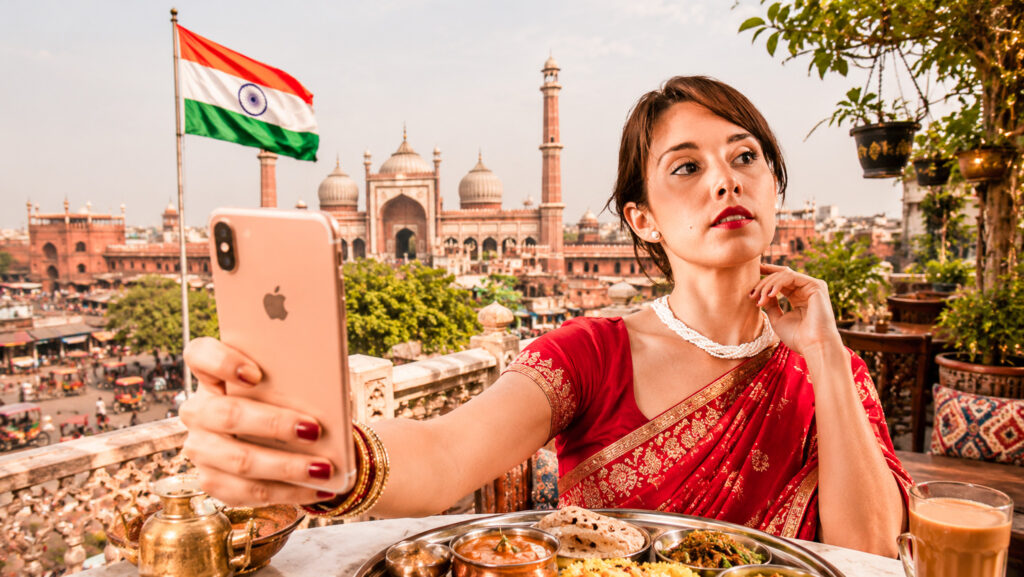 Caroline macht ein Selfie im roten Sari in Indien