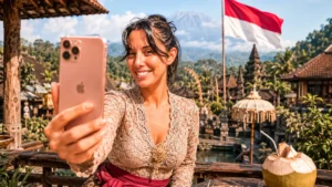 Caroline macht ein Selfie in Indonesien, mit der indonesischen Flagge im Hintergrund