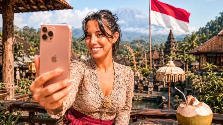 Caroline macht ein Selfie in Indonesien, mit der indonesischen Flagge im Hintergrund