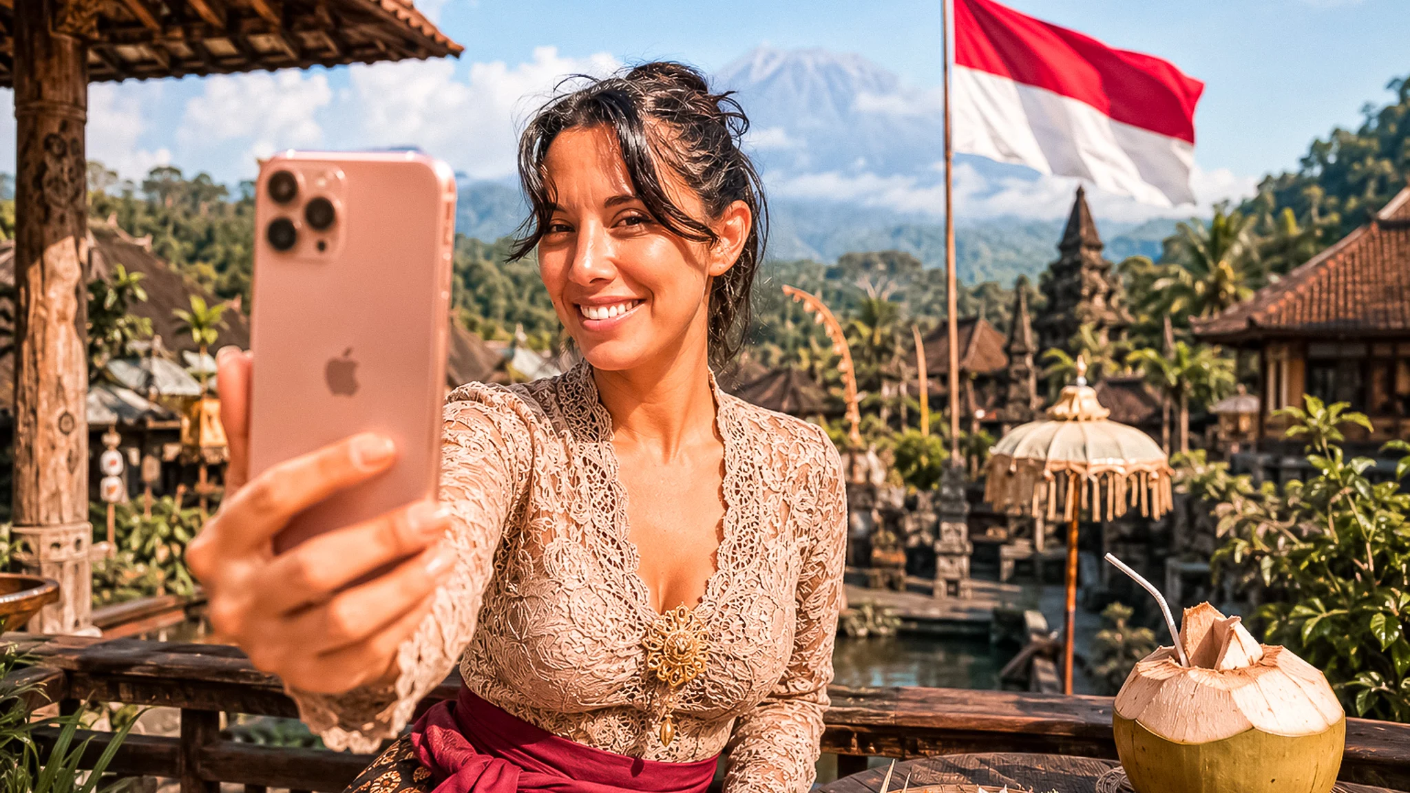 Caroline macht ein Selfie in Indonesien, mit der indonesischen Flagge im Hintergrund