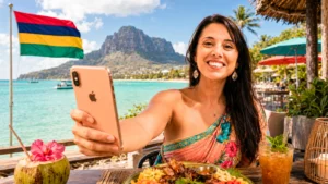 Caroline lächelt mit ihrem Smartphone vor dem Le Morne Brabant auf Mauritius, mauritische Flagge im Wind.