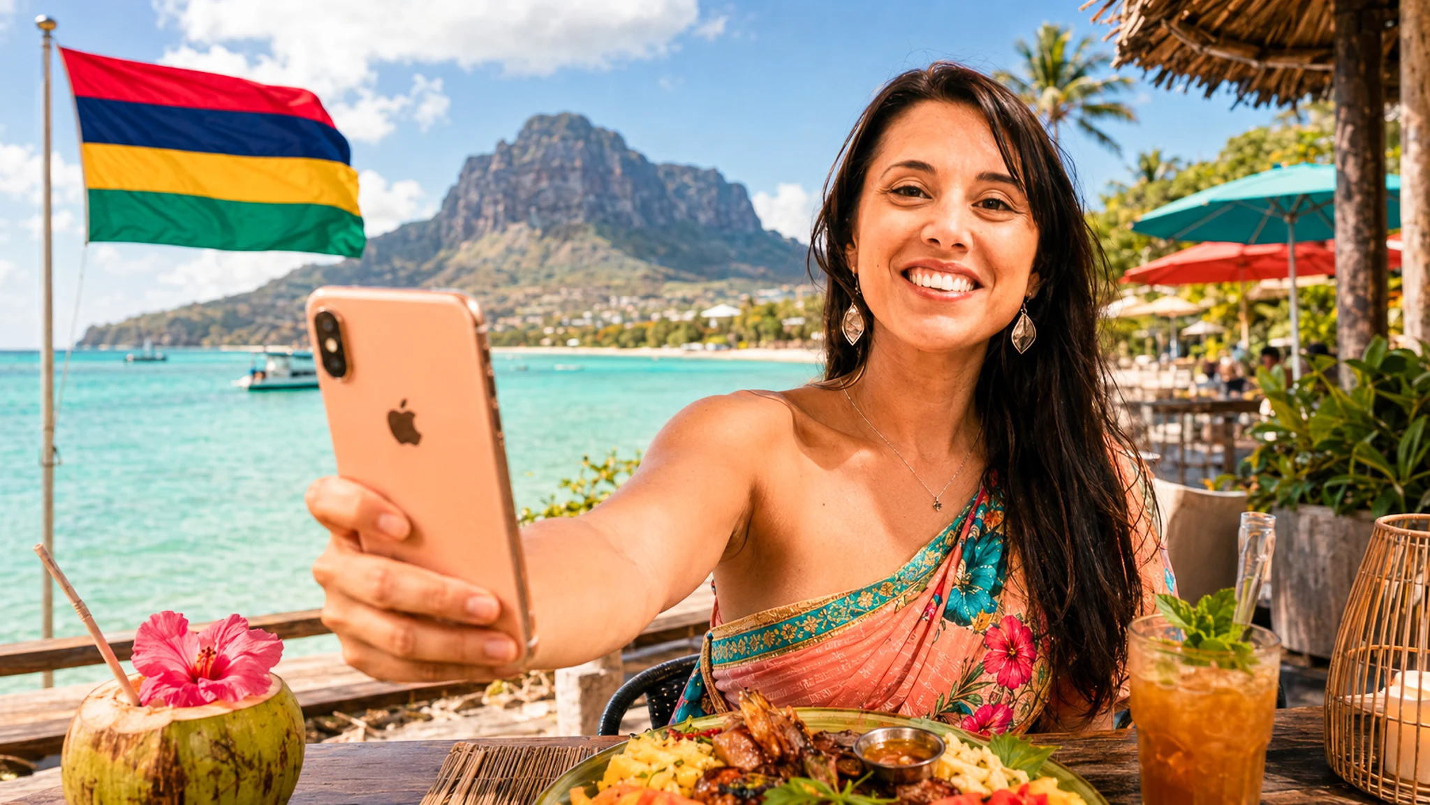 Caroline lächelt mit ihrem Smartphone vor dem Le Morne Brabant auf Mauritius, mauritische Flagge im Wind.