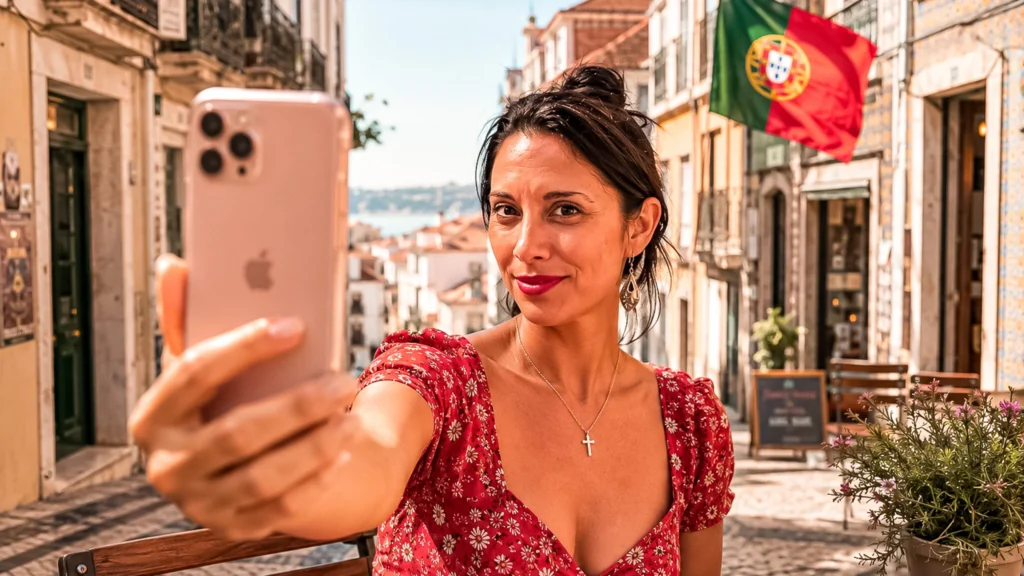 Caroline macht ein Selfie in einer gepflasterten Gasse in Lissabon, mit einer portugiesischen Flagge im Hintergrund.