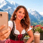 Frau in traditioneller Tracht macht ein Selfie in der Schweiz, schneebedeckte Berge und Schweizer Flagge im Hintergrund.
