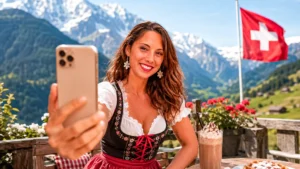 Frau in traditioneller Tracht macht ein Selfie in der Schweiz, schneebedeckte Berge und Schweizer Flagge im Hintergrund.