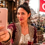 Caroline macht ein Selfie mit ihrem Handy vor der Hagia Sophia in Istanbul, Türkei