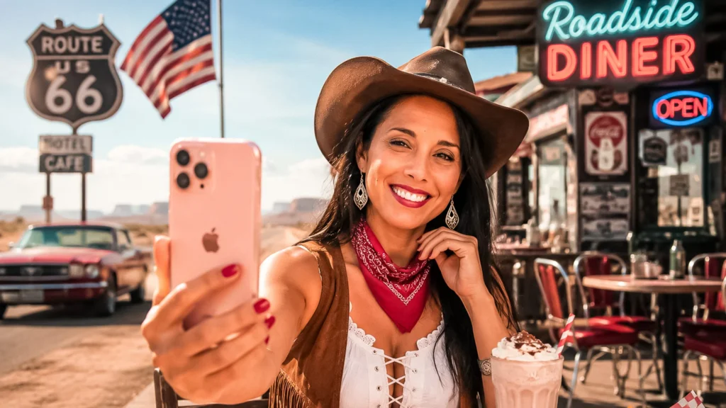 Lächelnde Frau macht ein Selfie vor einem Route-66-Diner, amerikanische Flagge im Hintergrund
