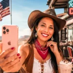Lächelnde Frau macht ein Selfie vor einem Route-66-Diner, amerikanische Flagge im Hintergrund