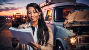 Vanlife insurance: broken-down camper on the roadside with policy paperwork
