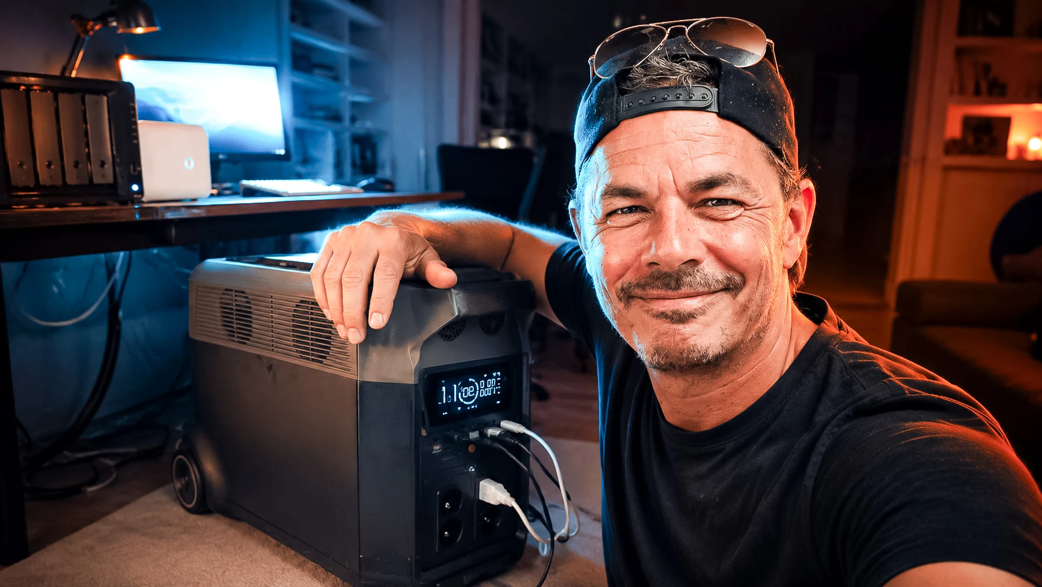 Xavier next to a homemade backup battery powering his workstation during a power outage