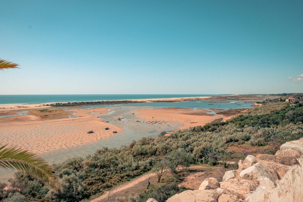 Panoramic view of the estuary and the beach of Cacela Velha in the Algarve, sandbanks at low tide