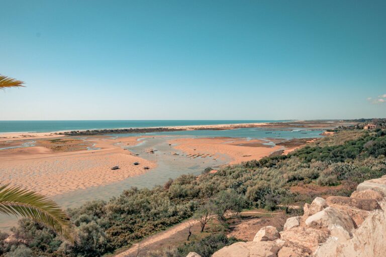 Panoramic view of the estuary and the beach of Cacela Velha in the Algarve, sandbanks at low tide