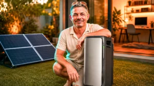 EcoFlow Stream Ultra Test: home solar storage battery placed in a garden with solar panel at sunset