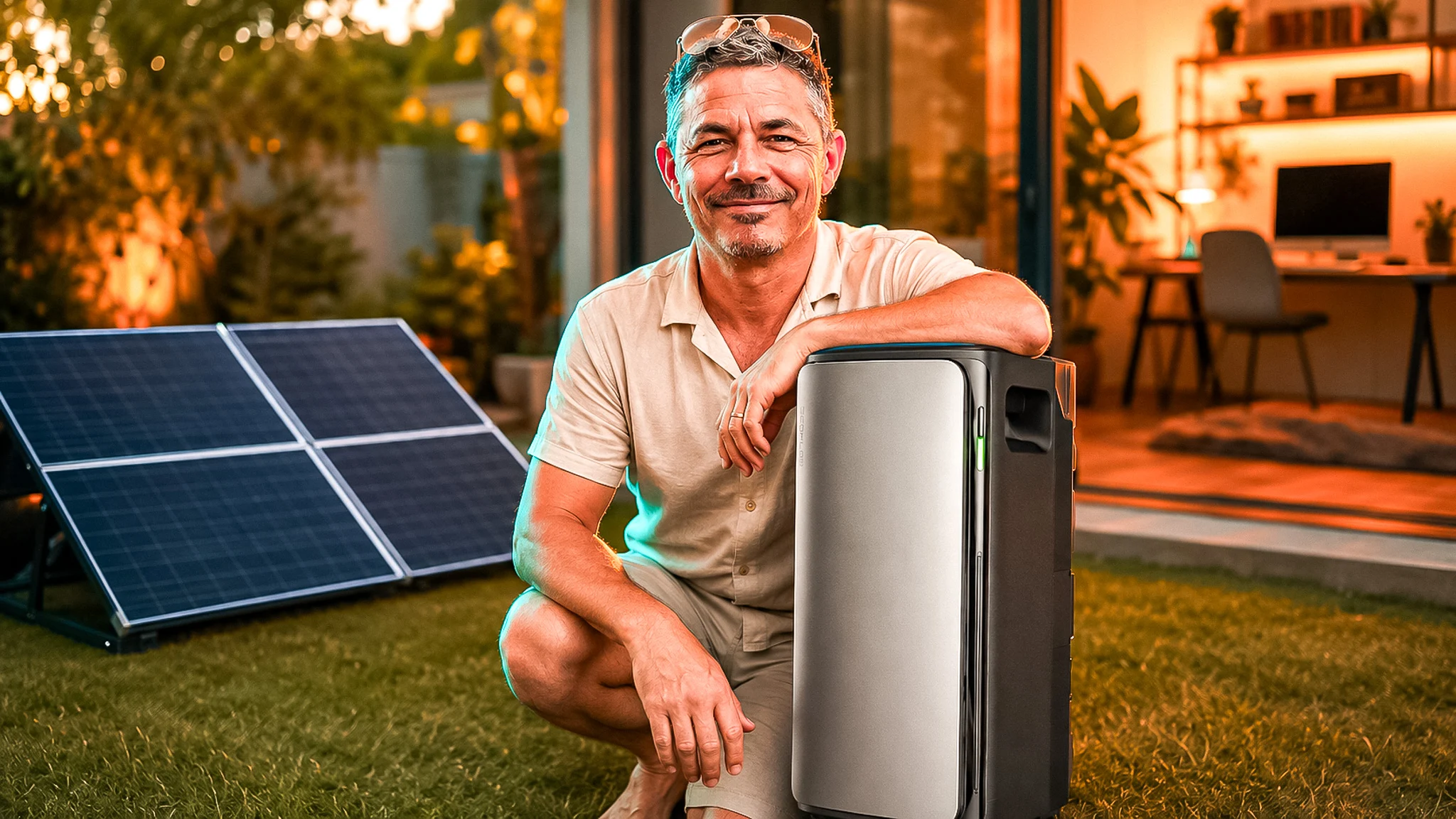 EcoFlow Stream Ultra Test: home solar storage battery placed in a garden with solar panel at sunset