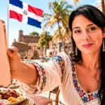 Caroline macht ein Selfie mit ihrem Smartphone vor einem palmengesäumten Strand in Punta Cana, Dominikanische Republik