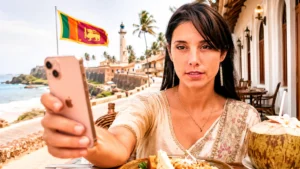 Caroline im srilankischen Kleid macht ein Selfie mit ihrem Smartphone vor dem Teezug in Sri Lanka