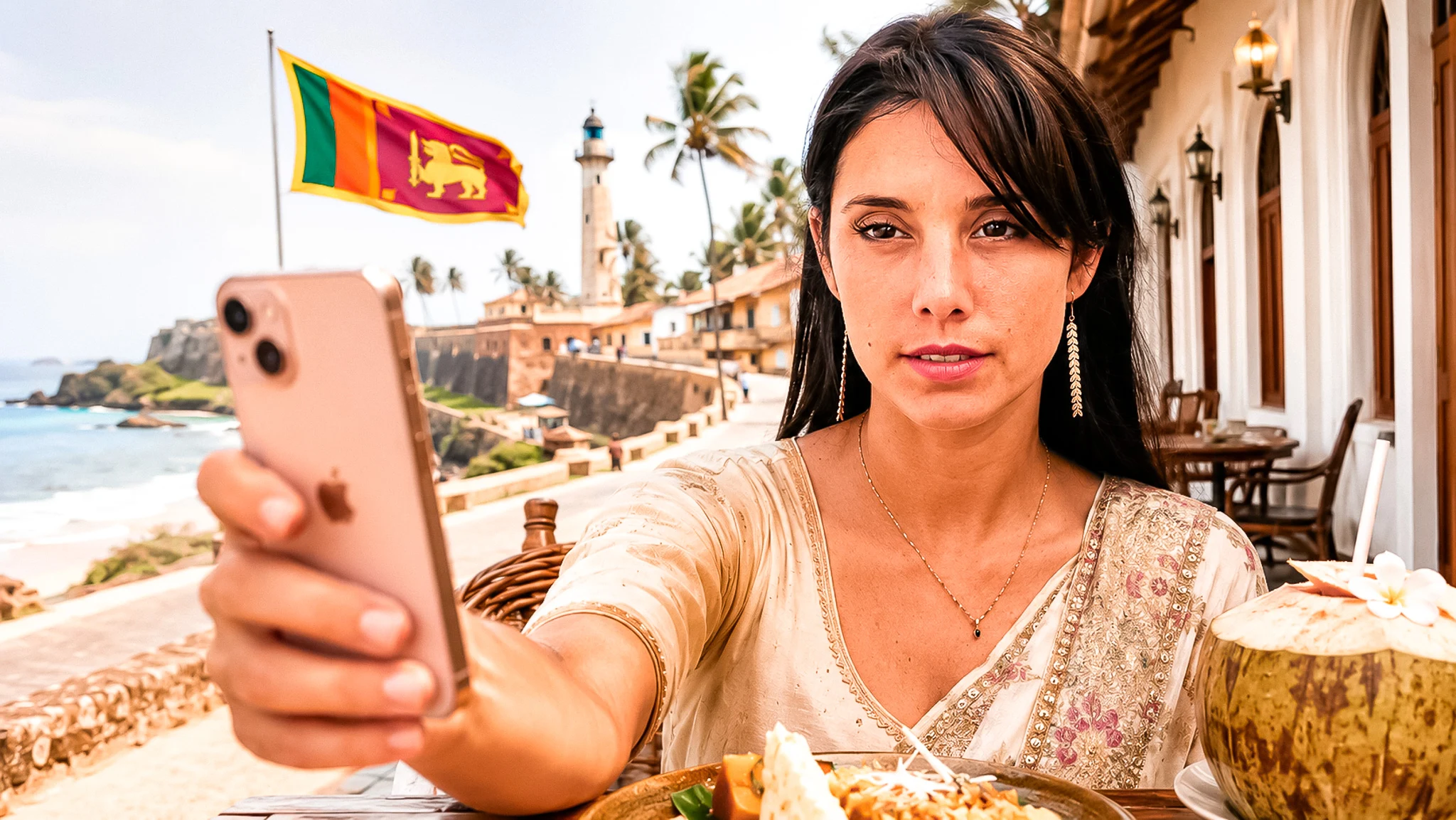 Caroline im srilankischen Kleid macht ein Selfie mit ihrem Smartphone vor dem Teezug in Sri Lanka
