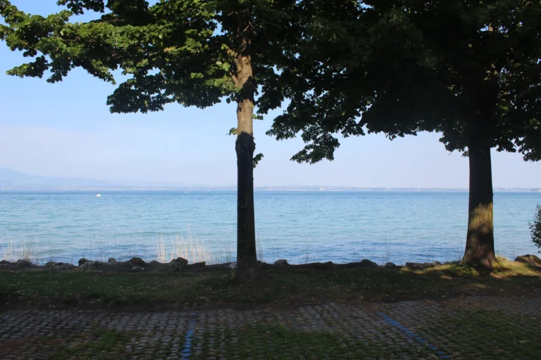 Panoramic view of Sirmione and Lake Garda, peninsula in Lombardy