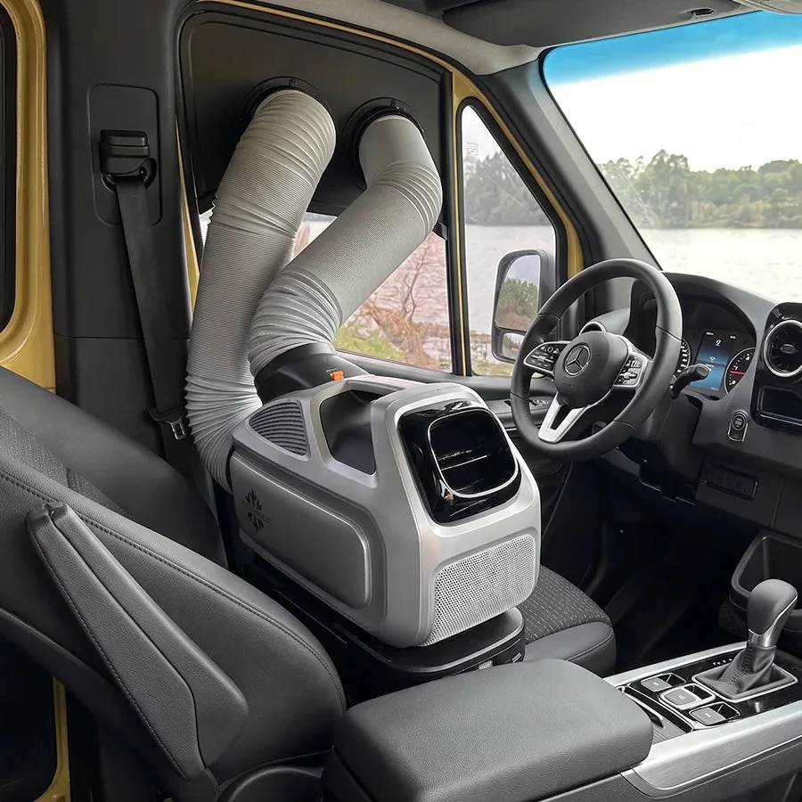 Zero Breeze Mark 3 installed in a Mercedes Sprinter van, ducts and cold air outlet in the cabin