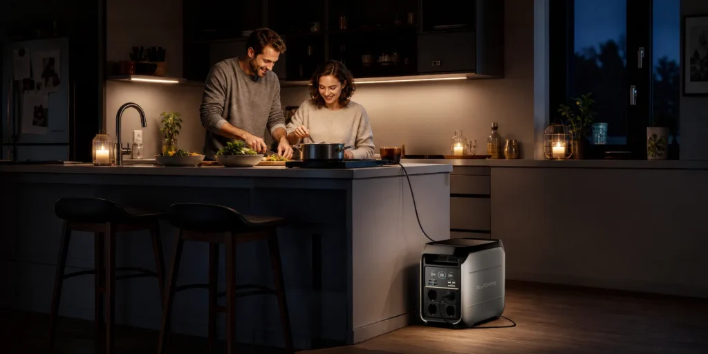 ALLPOWERS P1800 placed on the ground and powering an induction plate while a couple cooks in a dark kitchen