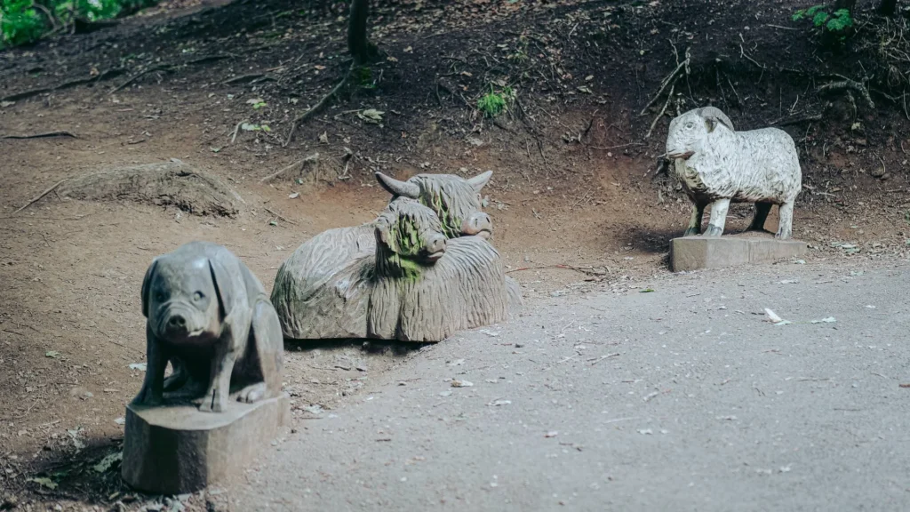 Three wooden sculptures representing a pig, a Highland cow, and a sheep are placed outdoors along a forest path near the Wallace Monument in Stirling, Scotland, in August 2026.
