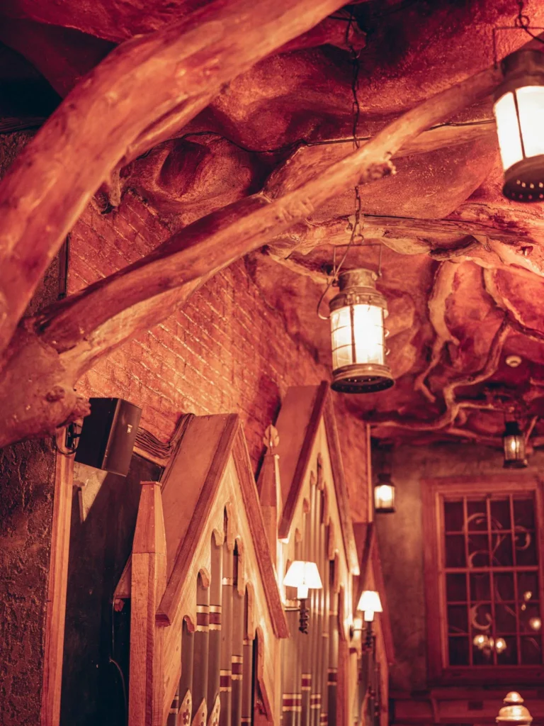 Trunks and branches running up through the ceiling at Waxy O'Connor's pub in Glasgow, with hanging lanterns.