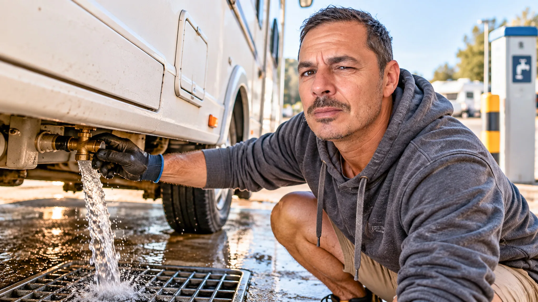 Xavier hockt neben seinem Wohnmobil und öffnet mit behandschuhter Hand den Grauwasserhahn unter dem Chassis, das Wasser läuft in den Bodeneinlauf der Entsorgungsstation