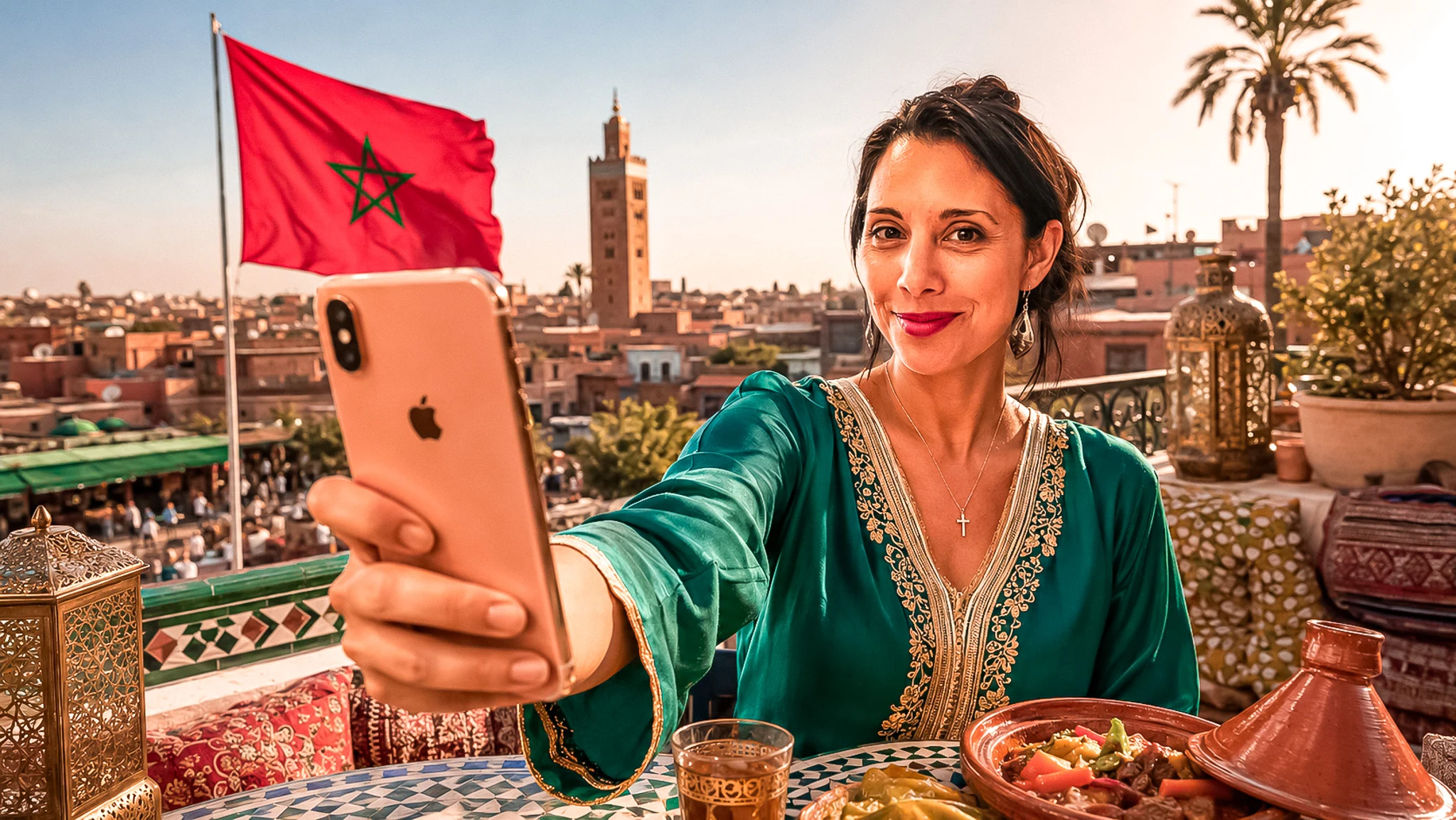 Caroline in Marrakesch mit einer unbegrenzten SIM-Karte vor der Koutoubia-Moschee, marokkanische Flagge im Hintergrund.