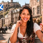 Caroline macht ein Selfie an einem Cafetisch in Edinburgh, dahinter das Edinburgh Castle und die schottische Flagge