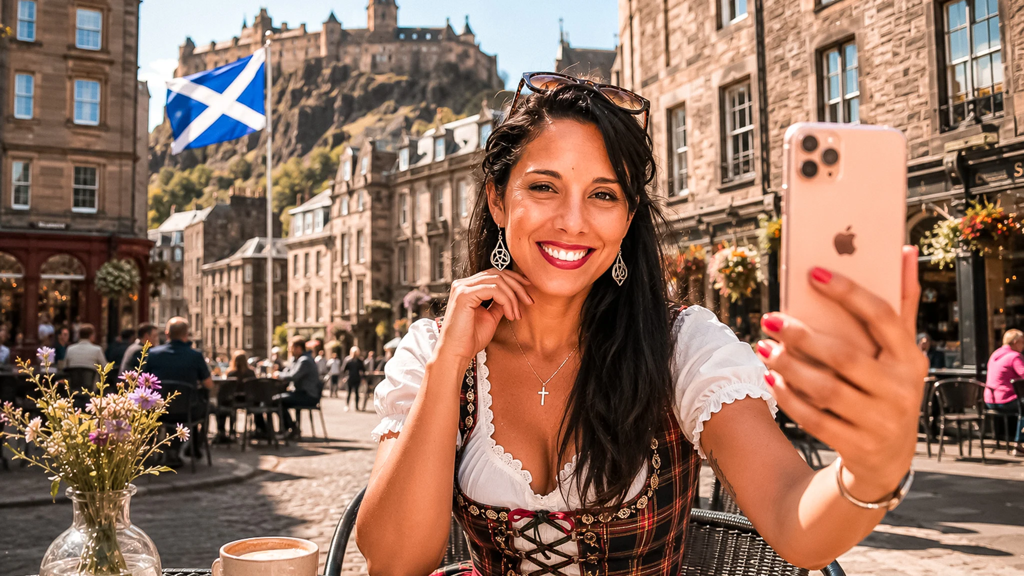 Caroline macht ein Selfie an einem Cafetisch in Edinburgh, dahinter das Edinburgh Castle und die schottische Flagge