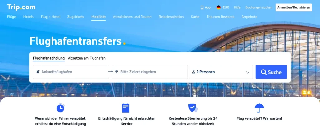 Trip.com Formular fur Flughafentransfer auf Deutsch