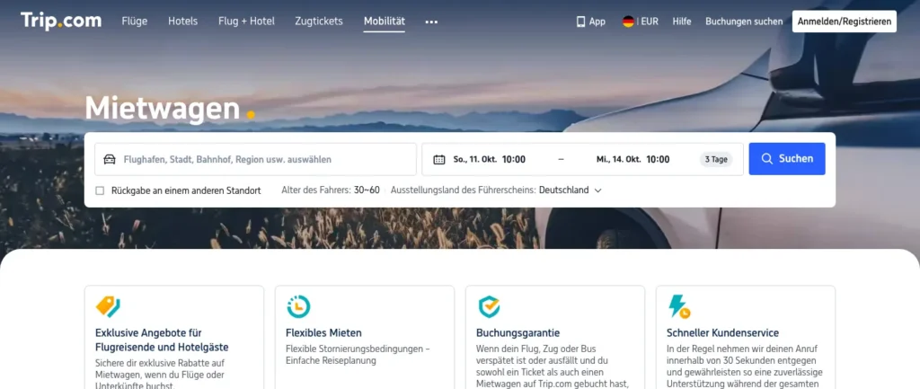 Mietwagen-Suchformular auf der deutschen Trip.com-Seite mit Station und Mietdauer