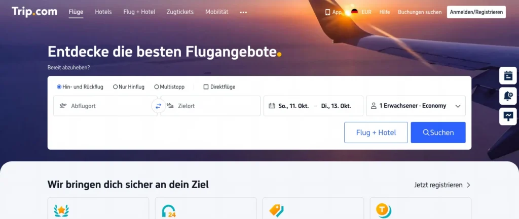 Flugsuche auf der deutschen Trip.com-Seite mit Flughafen und Daten