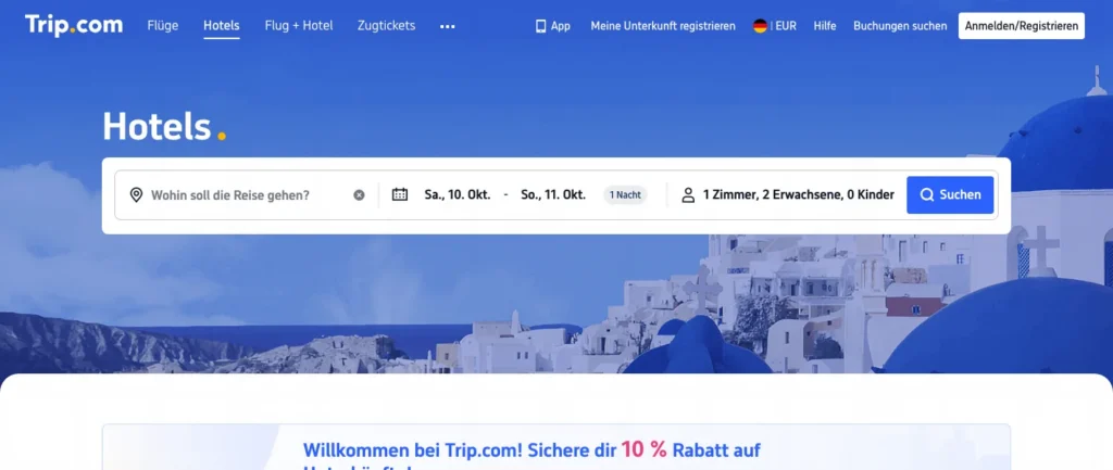 Hotelsuche auf Deutsch bei Trip.com mit Reisedaten und Gastezahl