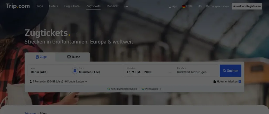 Zugticket-Suche auf der deutschen Trip.com-Seite